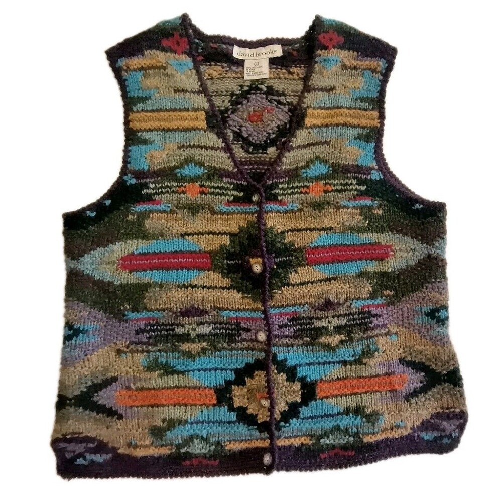 David Brooks Vintage Wool Knit Sweater Crochet Multicolor Size Large Button